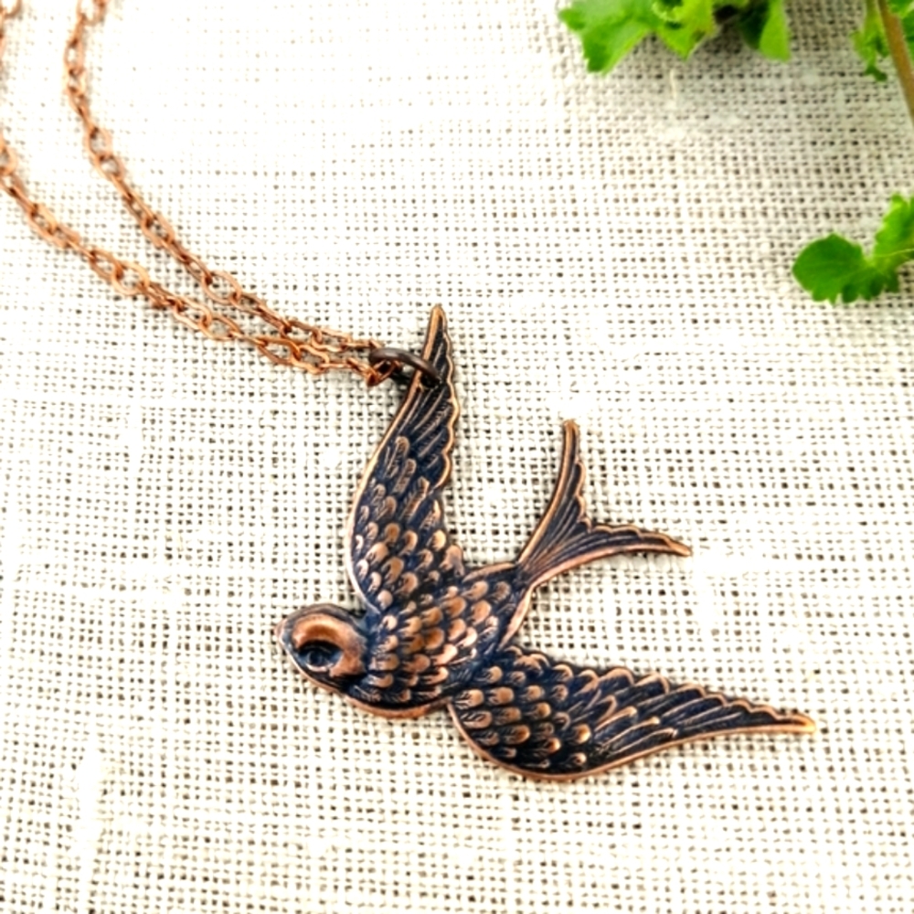 Vintage antique copper bird necklace, Victorian jewellery, boho Y2K, Peace Dove